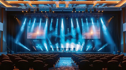 Leinwandbilder - Large high-ceiling conference site, large stage and large wrap-around LED screen, chairs prepared for the audience in front of stage, professional lighting, bright scene, front view. Generative AI.