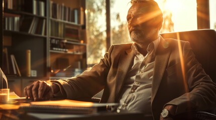 Poster - A man is seated at a desk, focused on his laptop computer. He appears to be working with concentration and determination.