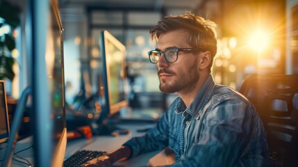 Leinwandbilder - A man is seated at a desk, focused on his computer screen. He appears to be working or studying intently.