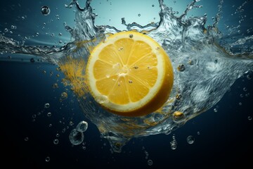 Vibrant lemon slice plunges into water, creating dynamic splashes and bubbles