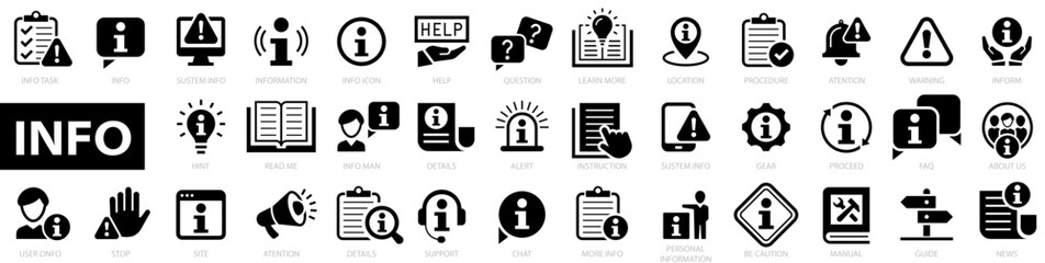 Information icon set. Vector set of information flat icons.Containing icons instructions, guide, manual, an info center, support, news, guide, reference, help and more. Vector illustration.