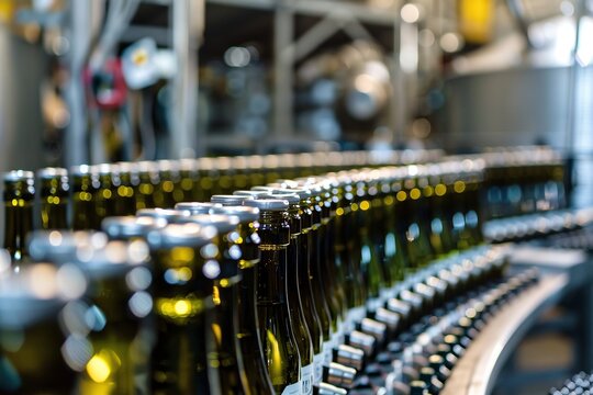 View of glass bottles on the conveyor belt, bottle necks on the production line, brewery equipment, inside wine factory