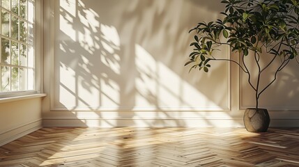 Aufkleber - Room interior empty space background mock up, sunlight and shadows room walls, cozy summer warm room with sunlight and leafs shadows and wooden blank parquet floor. Generative AI.