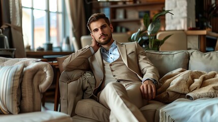 Wall Mural - A well-dressed man in a light brown suit sits comfortably on a couch in his living room.