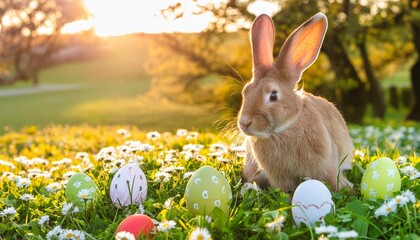 Wall Mural - easter bunny sitting with easter eggs on a green spring meadow with daisy flowers warm sunlight is shining