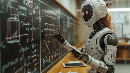 Fototapete - Artificial intelligence tutoring students through a virtual classroom, showing AI robot teaching and interactive digital blackboard. Generative AI.