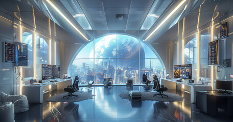 Poster - An extremely luxurious and very very large and wide multi-function office, ultra futuristic, ultra modern gadgets and screens, very colorful, large windows. Generative AI.
