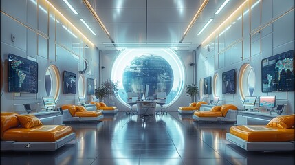 Poster - An extremely luxurious and very very large and wide multi-function office, ultra futuristic, ultra modern gadgets and screens, very colorful, large windows. Generative AI.