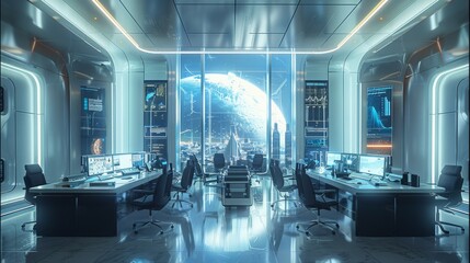 Poster - An extremely luxurious and very very large and wide multi-function office, ultra futuristic, ultra modern gadgets and screens, very colorful, large windows. Generative AI.