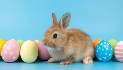 Wall Mural - small brown bunny with pastel colored easter eggs on side of blue background with copy space