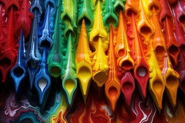 Poster - Vibrant abstract paint cascade with colorful, flowing, and dynamic art texture and pattern on a liquid background, showcasing creativity in red, blue, green, and yellow swirl design