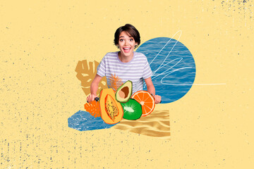 Sticker - Composite photo collage of astonished pretty girl hold exotic vacation fruit avocado papaya kiwi resort rest isolated on painted background