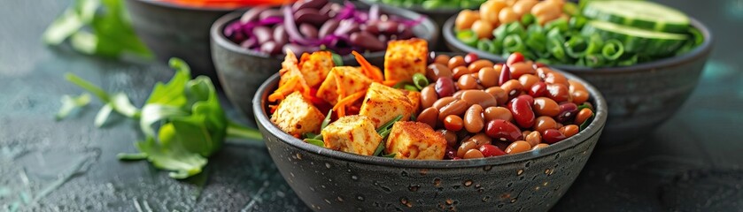 A contemporary, clean setup with a selection of protein bowls featuring legumes and tofu, set against a sleek, grey background, wide space above for editorial content.