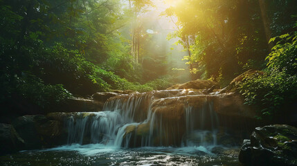 Wall Mural - Sunlit waterfall in lush green forest with rocks and trees