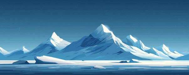 Ice-capped mountains reaching to the sky, with glittering glaciers and snow-capped peaks. Digital art style vector flat minimalistic isolated