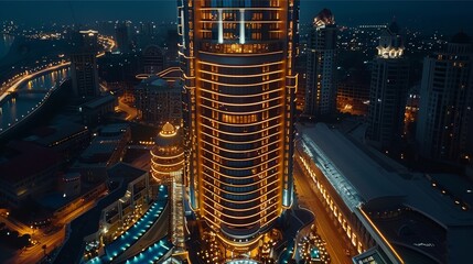 Luxury building at night. Aerial high view. Generative AI.