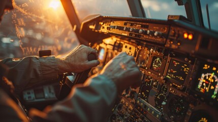 A commercial airplane pilot controls the throttle lever during takeoff or takeoff. View from inside the cabin real airplane Shooting during the day