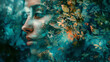 Surreal portrait of woman blending with nature and foliage