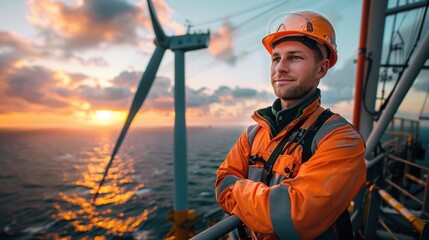 Wall Mural - engineers are repairing and maintaining an offshore turbine house. portrait of a skilled professiona