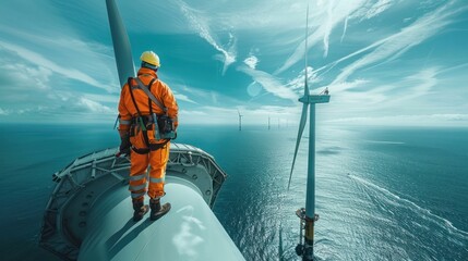 Wall Mural - engineers are repairing and maintaining an offshore turbine house. portrait of a skilled professiona