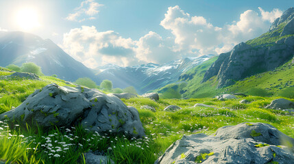 Wall Mural - Sky, rock and green grass field in mountain scene. Summer meadow landscape in alps valley environment. Beautiful sunny game panorama with geology boulder pile. Outdoor peaceful fairytale background