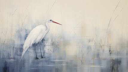 Wall Mural - white heron, art work painting in impressionism style, stork on a light gray and blue background, abstract art background in oriental style