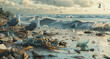 Seagulls on a dirty beach. Scattered garbage, bottles and other waste on the beach of a big city. Pollution of the ocean