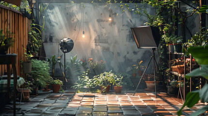 Wall Mural - Serene urban garden setting with stylish lighting and lush plants