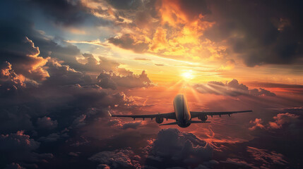 Wall Mural - Airplane flying over clouds during a breathtaking sunset