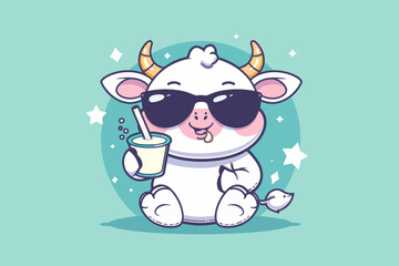 Wall Mural - a cartoon cow with sunglasses and a drink