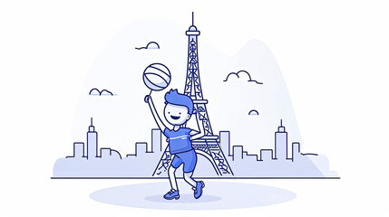 Canvas Print - simple line art minimalist collage illustration with professional handball player training and Eiffel Tower in the background,