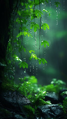 Wall Mural - vertical background green forest, dew drops and wet rain on young leaves and shoots in the depths of