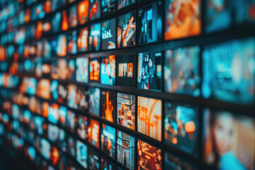 A wall of digital screens displaying various media content, representing the wide range and diversity in video marketing solutions.