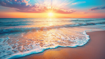 Wall Mural - Stunning sunset over rolling waves on a tranquil beach