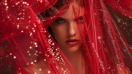 Enigmatic woman veiled in red, dramatic and captivating for fashion and artistic projects.