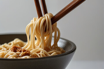 Wall Mural - Closeup of chopsticks picking up ramen noodles from a bowl, isolated on white background. 
