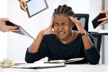 Wall Mural - Stress, phone call or overworked businesswoman multitasking of documents review in company. Busy African PA, fail or overwhelmed secretary in office chaos with paperwork deadline, fatigue or anxiety