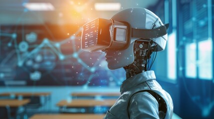 Poster - A woman immersed in virtual reality technology while wearing a VR headset in a classroom setting.