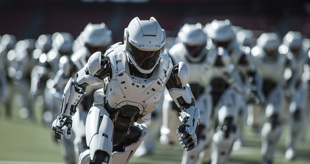 Leinwandbilder - Multiple white robots in motion on a grass field, demonstrating their ability to move swiftly.