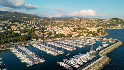 Wall Mural - Sanremo, Italy. Aerial view of city port and skyline