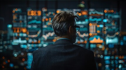 Wall Mural - Businessman watching over computer screens for livestock trading values 