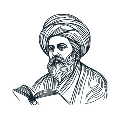 Poster - A muslim scholar. Praying time. Black white vector illustration.