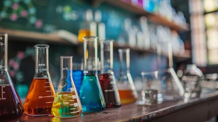 Poster - Chemical experiments, lab equipment, reactions, scientists working in chemistry laboratory setting.