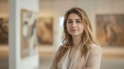 Portrait of a modern European woman standing in an art gallery, smiling gently at the camera