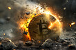 An illustration of a Bitcoin coin in a fiery explosion, symbolizing financial volatility or market disruption