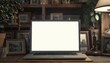 © ZeNDaY - A closeup of a laptop with a blank screen in a home office, surrounded by family photos and personal items