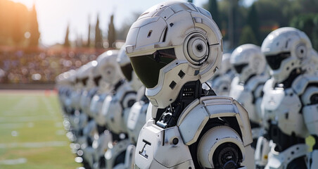 Leinwandbilder - A group of robots are perfectly aligned on a grassy field under the open sky.