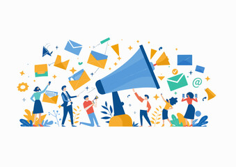 Wall Mural - a group of people with a megaphone surrounded by mail icons