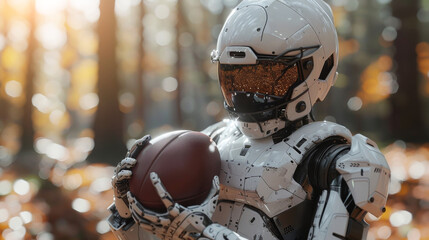 Poster - A robotic figure equipped with a helmet cradles a football amid fall foliage.