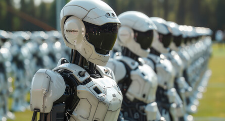 Leinwandbilder - A group of robots are lined up in a straight row, showcasing their mechanical precision and uniformity.